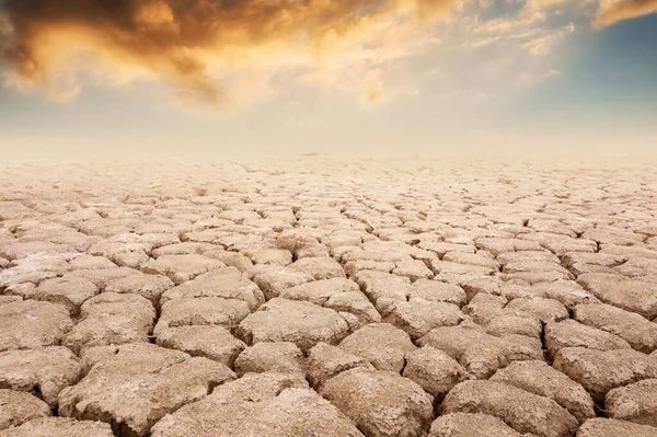 一片干燥的土地,乌云密布,夕阳西下.夏季干旱农田。全球变暖和气候变化概念. — 图库照片