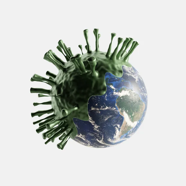 La representación 3D del Coronavirus se extendió por todo el mundo. Virus invadiendo la tierra sobre fondo blanco. Elementos de esta imagen Amueblado por la NASA — Foto de Stock