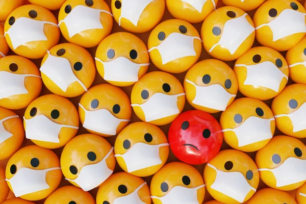 Gelbe und gesichtsförmige Emoticons, die die Bedeutung des Tragens von Masken aufgrund von Covid 19 zeigen. Epidemisches Konzept. 3D-Darstellung. — Stockfoto