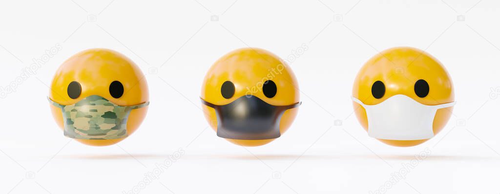 Yellow and face shape emoticons, showing the importance of wearing mask because of Covid 19. Epidemic concept.3d rendering.