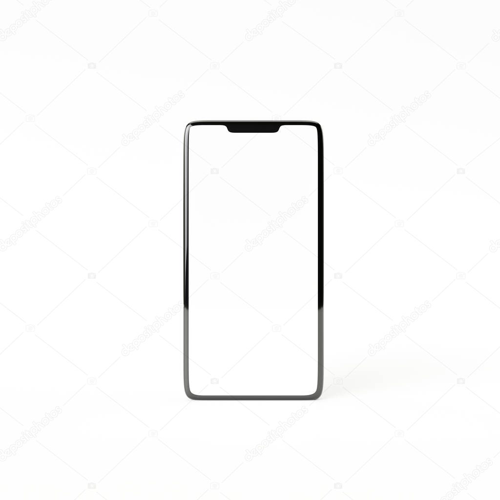 3D illustration of smart phone isolated on white background with blank screen. Technology advertising concept