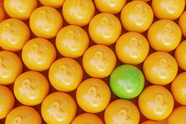 Rendu 3D de nombreuses boules en plastique avec différentes couleurs et signe de question. Travail d'équipe, leadership et gestion et concept unique. — Photo