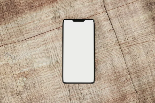 Smartphone geïsoleerd op houten achtergrond met blanco scherm. Technologie reclame concept.3D illustratie — Stockfoto