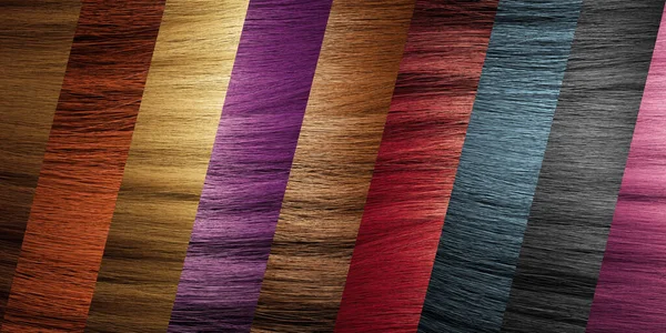 Paleta de cores de cabelo com várias cores. tintura de cabelo. Conceito de cuidados capilares . — Fotografia de Stock