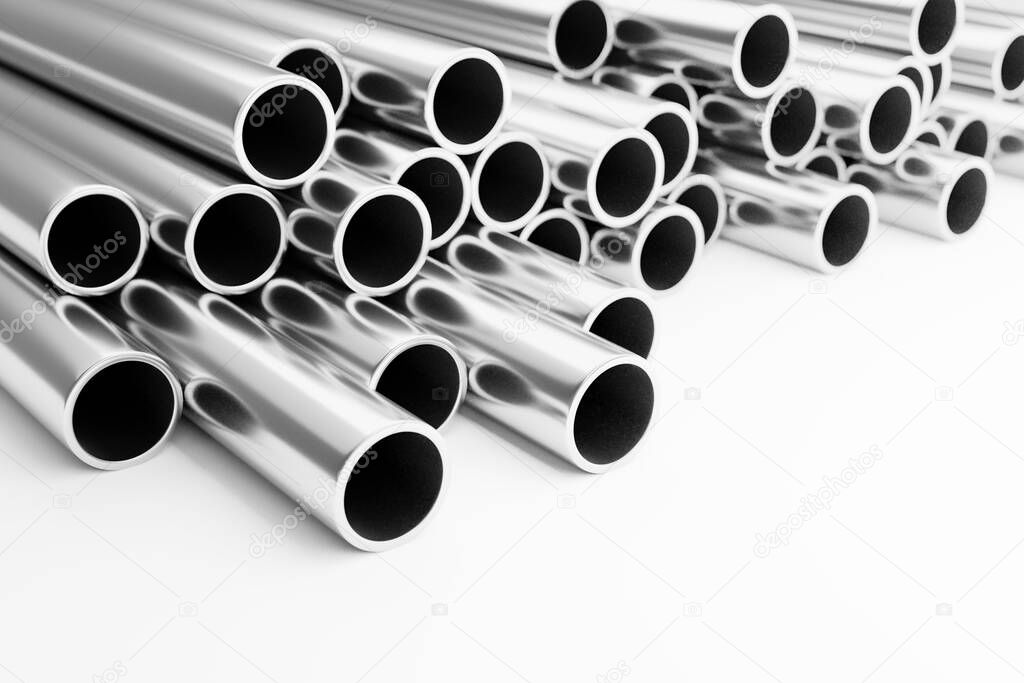 3D illustration of a stack of shine metal pipes. construction product concept 