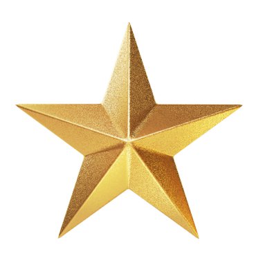 Beyaz arka planda izole edilmiş altın renkli Noel süsü yıldız şekli. Yeni yıl konsepti. 3 Boyutlu Resim.