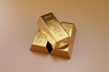 Altın külçelerinin ya da banka kasasındaki külçelerin, bej arka planda izole edilmiş görüntüsünü kapat. Kıymetli metal. 3B illüstrasyon 