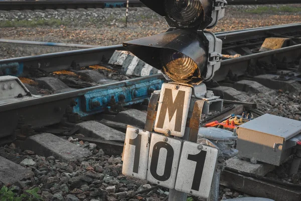 Railway and track numbering near the rail. — Stock Photo, Image