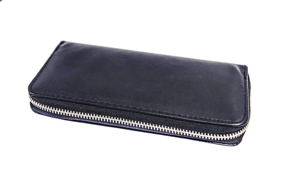 흰색 배경, 컨셉 비즈니스 금융 및 쇼핑에 고립 된 블랙 가죽 지갑 — 스톡 사진