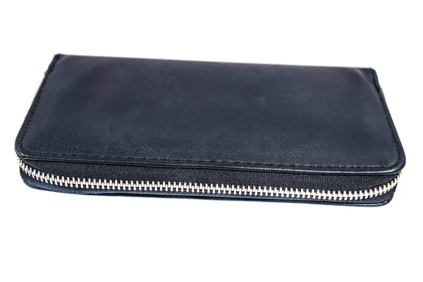 흰색 배경, 컨셉 비즈니스 금융 및 쇼핑에 고립 된 블랙 가죽 지갑 — 스톡 사진