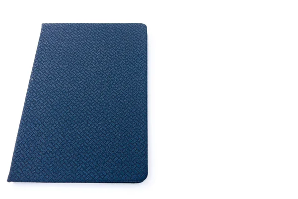 Blauw lederen laptop geïsoleerd op witte achtergrond. — Stockfoto