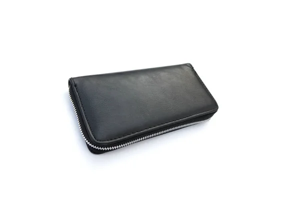 Billetera de cuero negro con dólares aislados sobre fondo blanco . — Foto de Stock