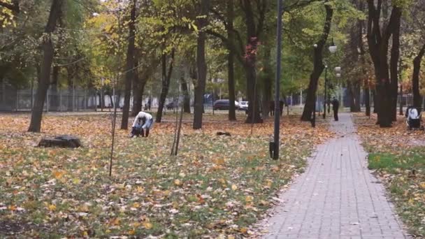 Ryssland Moskva 29 september 2019. föräldrar går med barn i parken. — Stockvideo