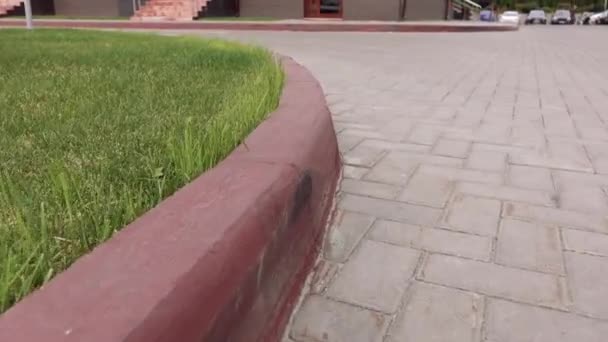 View of the flat green lawn near the multi-storey building. — Stock Video