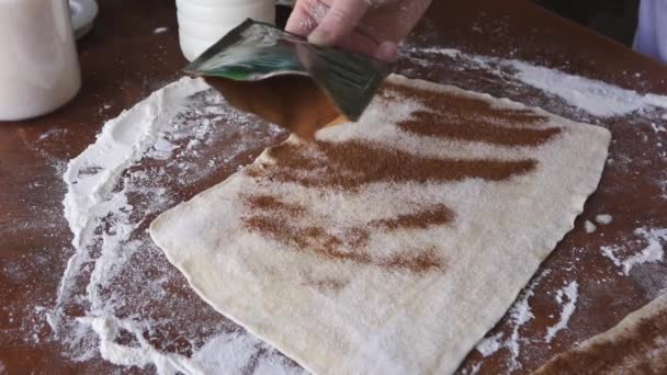 Жінка наливає мелену корицю на тісто — стокове відео