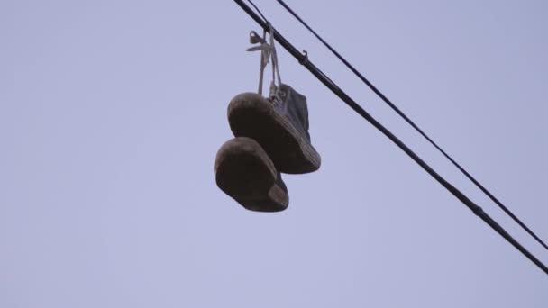 Kablolardan sarkıtılmış bir çift spor ayakkabı. — Stok video