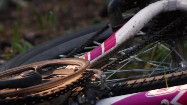 Ο τροχός ενός ξαπλωμένου ποδηλάτου γυρίζει γρήγορα — Αρχείο Βίντεο