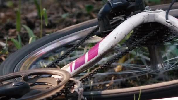 A roda de uma bicicleta caída gira — Vídeo de Stock