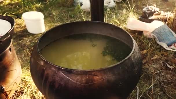 Zuppa di pesce viene cotto in una pentola nel bosco — Video Stock