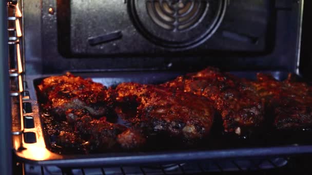 Vlees wordt gebakken in de oven — Stockvideo
