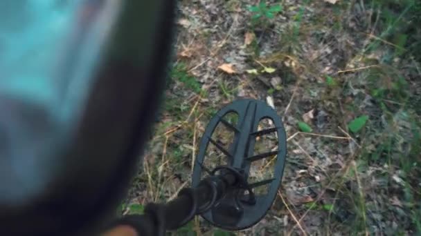 Pria berjalan dengan detektor logam di hutan. tampilan dari atas — Stok Video