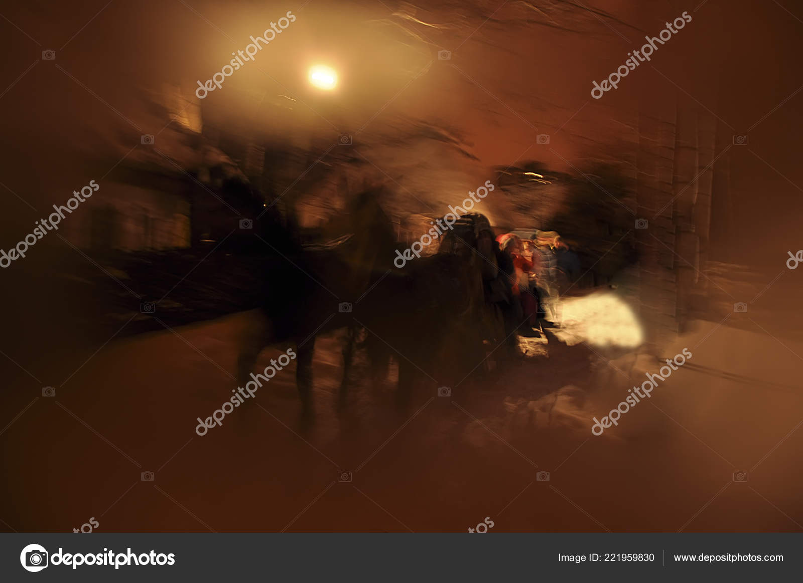 Fairy Christmas Black Horses Before Decorative Wood House With