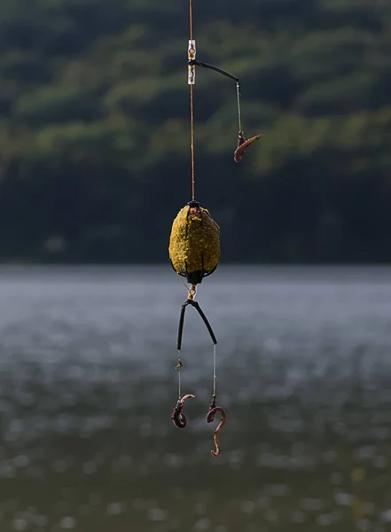 Ο ψαράς που πάτησαν δόλωμα σε αγκίστρια καλάμια ψαρέματος — Φωτογραφία Αρχείου