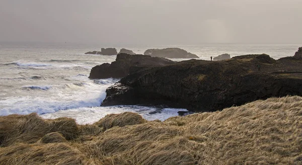 Costa Atlântica Com Areia Preta Enormes Rochas Lava Islândia — Fotografia de Stock