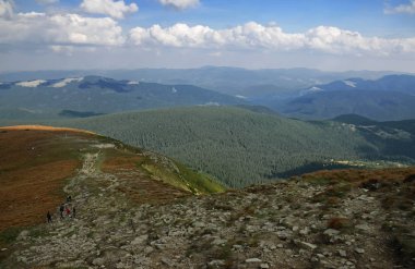 Hoverla Ukrayna Karpat Dağları'nın dağ taş doruklarına güzel görünümünden antik kozalaklı ormanlarda ve sonbahar sarı çim kaplı
