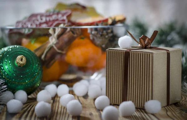 Christmas Card New Year Gift Stands Wood Table Next Oranges — Stock Photo, Image