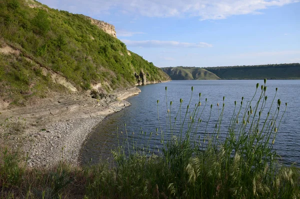 Yüksek sarp tepeler arasında büyük nehir Dniester akışı mavi gökyüzüne karşı bahar gür yeşil çim kaplı. Ukrayna