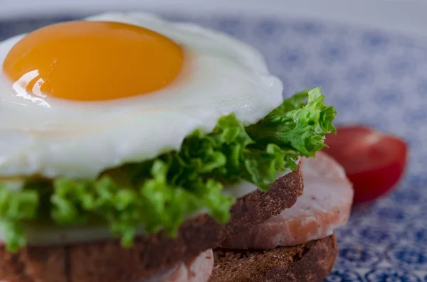 Доброе Утро Вкусный Завтрак Бутербродом Яйцом Ветчиной Сыром Тостами Листьями — стоковое фото