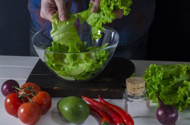 Adam marul, yeşil salata hazırlanıyor. Sağlıklı gıda kavramı