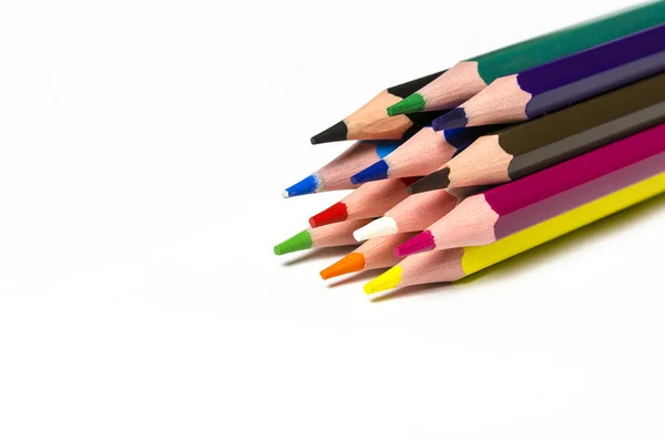 Colourful Sharp Pencils Lie White Background Copy Space Top View — Stock Photo, Image