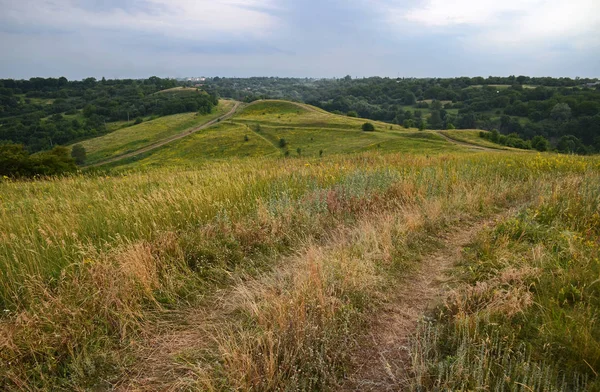 Asfaltsız yollar yüksek yeşil tepelerin arasında yaz yatay