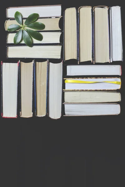 Многие разноцветные толстые открытые книги стоят на тёмном фоне. На книгах старые круглые очки и открытая тетрадь с карандашом . — стоковое фото