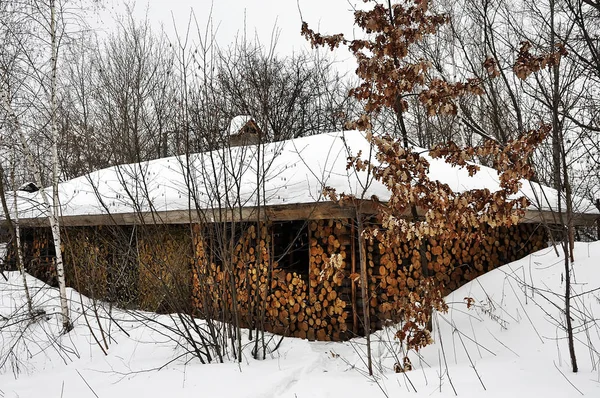 Oude houten huisjes onder een rieten dak bedekt met sneeuw en hout stapel staan in de buurt van oude bomen. — Stockfoto