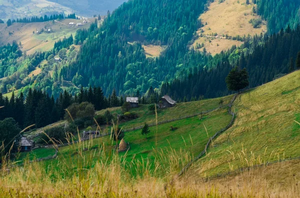 Yaşlı bir çiftçinin ahşap evi, dağ zirvelerinin arka planında samanlık ların yanında bir fil dağının üzerinde duruyor. — Stok fotoğraf