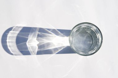 Beyaz arka planda güçlü gölgeleri olan su bardağı