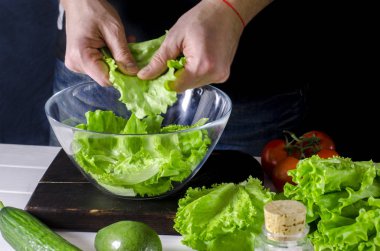 Adam marul, yeşil salata hazırlanıyor. Sağlıklı gıda kavramı