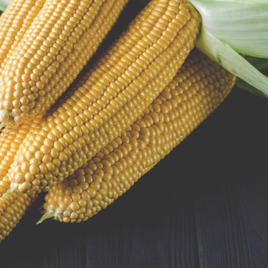 Siyah bir ağaç masada yeşil yaprakları ile sarı sulu mısır