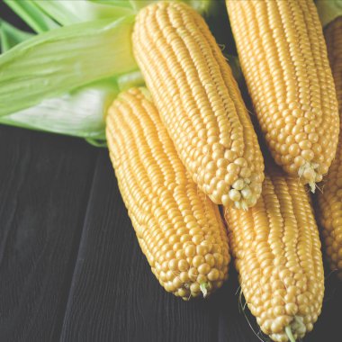 Siyah bir ağaç masada yeşil yaprakları ile sarı sulu mısır