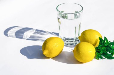 Limon, taze yeşil nane ve beyaz bir arka plan üzerinde su ile bir cam bardak. Beyaz arka plandaki gölgeler