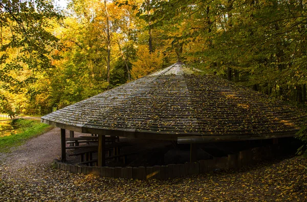 Okrągły drewniany Pergola medytacja w jesiennym lesie nad jeziorem — Zdjęcie stockowe