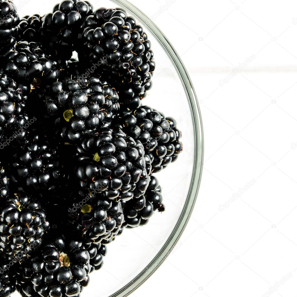 Large juicy black blackberry berries close-up with copy space top view