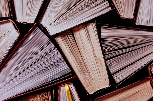 Ev kütüphanesinde okunmaya hazır renkli kitaplar. Üst görünüm