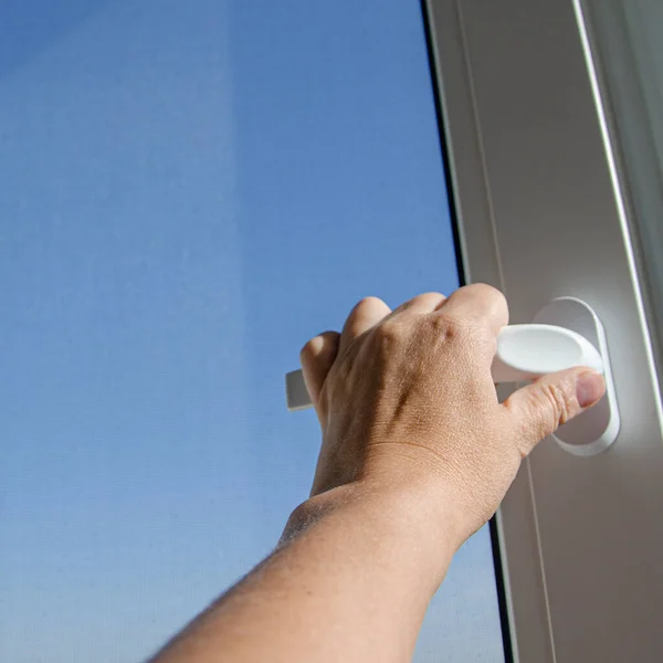 Woman Hand Opens Handle Plastic Window Blue Sky — Stock Photo, Image