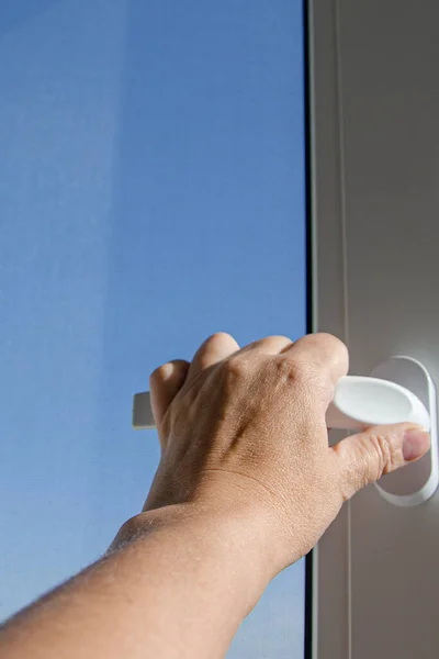 Woman Hand Opens Handle Plastic Window Blue Sky — Stock Photo, Image
