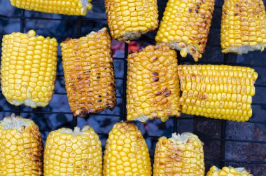 Taze sarı mısır ızgarada pişirilir ve ızgarada pişirilir. Yakın plan.