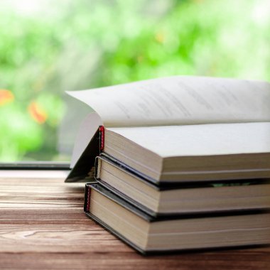 Kitaplar, içinde pembe bir sardunya çiçeği olan temiz su bulunan bir bardağın yanındaki tahta pencere eşiğinde okumaya hazırlar.